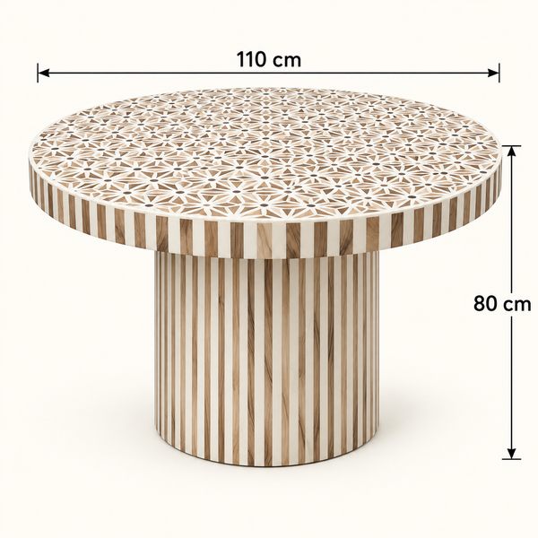 Table Basse Ronde en Marqueterie Bois et Résine Blanche, Motif Géométrique Étoilé et Pied Cylindrique Rayé