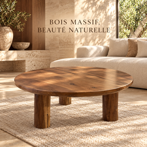 Table basse ronde en bois massif – Trois pieds cylindriques et plateau en noyer naturel