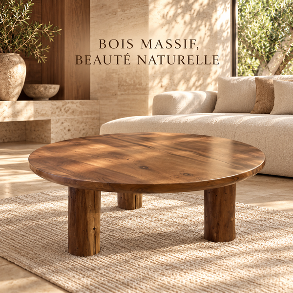Table basse ronde en bois massif – Trois pieds cylindriques et plateau en noyer naturel