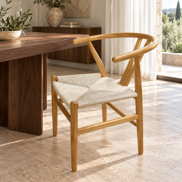 Chaise « Wishbone » en bois clair et assise en corde tressée – Dossier courbé en Y