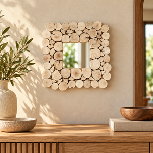 Miroir mural carré en bois naturel – Cadre en rondins empilés, style rustique et chaleureux