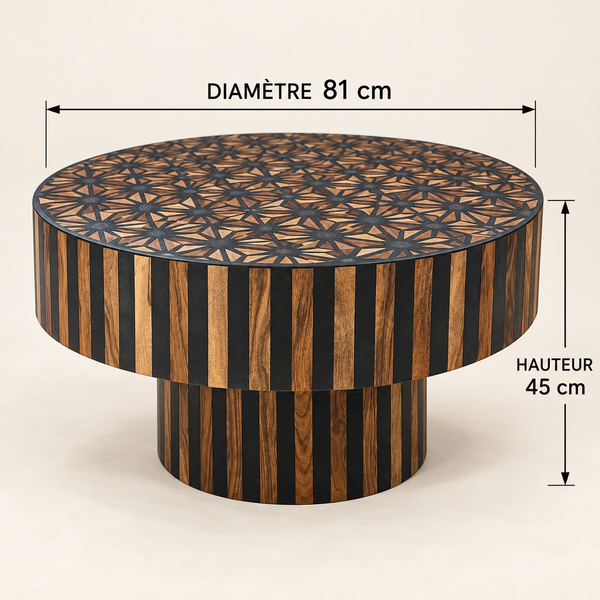 Table Basse Ronde en Marqueterie de Bois et Résine Noire, Plateau Géométrique Étoilé