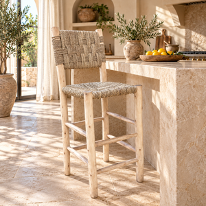 Chaise haute « Rustique » en bois naturel – Assise et dossier en fibres végétales tressées