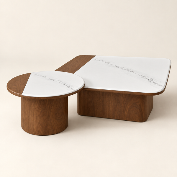 Ensemble de tables basses gigognes – Noyer et plateaux bicolores effet marbre blanc