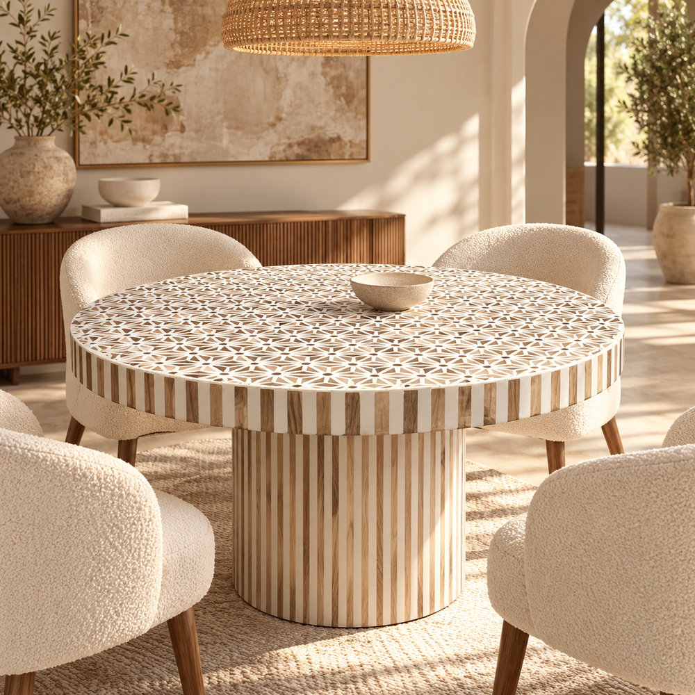 Table Basse Ronde en Marqueterie Bois et Résine Blanche, Motif Géométrique Étoilé et Pied Cylindrique Rayé
