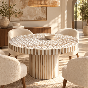 Table Basse Ronde en Marqueterie Bois et Résine Blanche, Motif Géométrique Étoilé et Pied Cylindrique Rayé