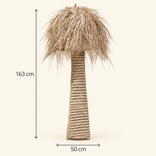 Lampadaire Palmier en Fibres Naturelles Tressées, Pied Ajouré et Abat-jour en Palmes Effilochées