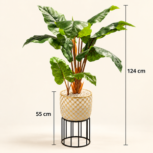Plante Artificielle à Larges Feuilles avec Pot Céramique Doré et Support Métal Noir