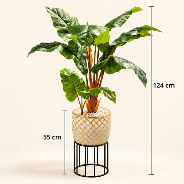 Plante Artificielle à Larges Feuilles avec Pot Céramique Doré et Support Métal Noir
