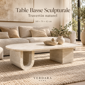 Table basse « Travertin » asymétrique – Plateau demi-ovale, pieds en U et bloc