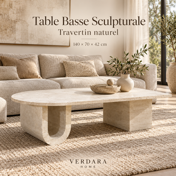 Table basse « Travertin » asymétrique – Plateau demi-ovale, pieds en U et bloc