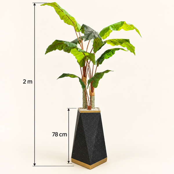Bananier artificiel en pot géométrique noir et laiton – Plante haute effet naturel