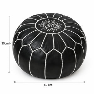 Pouf Marocain Rond en Cuir Noir avec Broderie Blanche