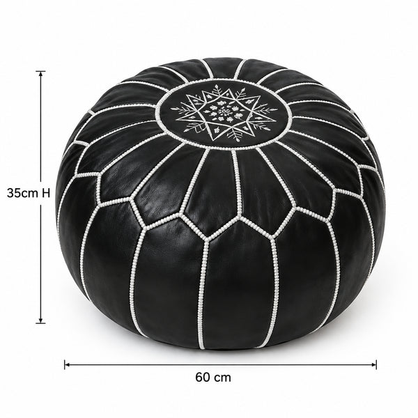 Pouf Marocain Rond en Cuir Noir avec Broderie Blanche