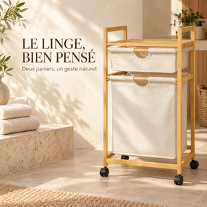 Panier à linge sur roulettes en bambou – 2 sacs en tissu écru amovibles