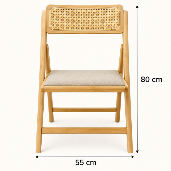 Chaise pliante « Canna » en bois clair et cannage – Assise rembourrée beige