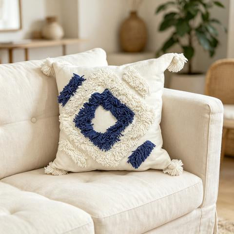 Coussin décoratif blanc et bleu marine à motif losange – 45 × 45 cm
