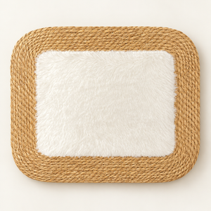 Tapis rectangulaire « Nuage » en fibre naturelle tressée et fourrure synthétique blanche – Bordure en jonc