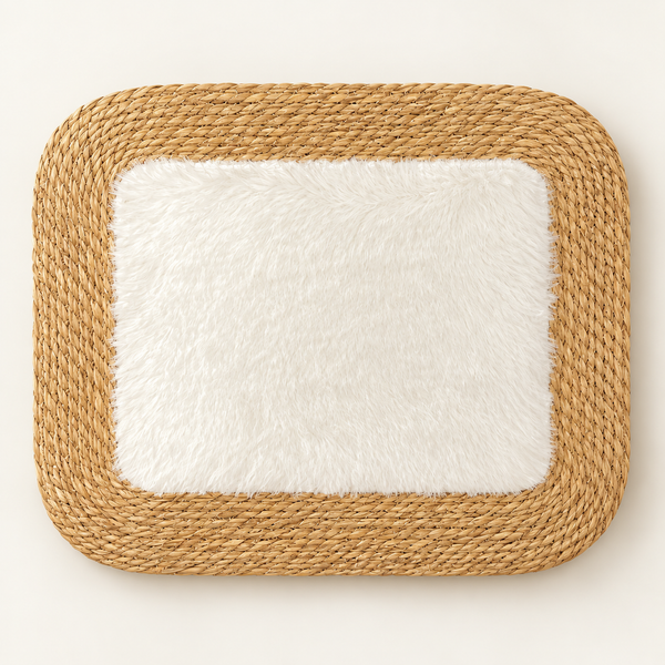 Tapis rectangulaire « Nuage » en fibre naturelle tressée et fourrure synthétique blanche – Bordure en jonc