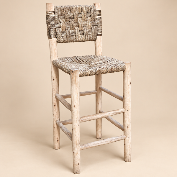 Chaise haute « Rustique » en bois naturel – Assise et dossier en fibres végétales tressées