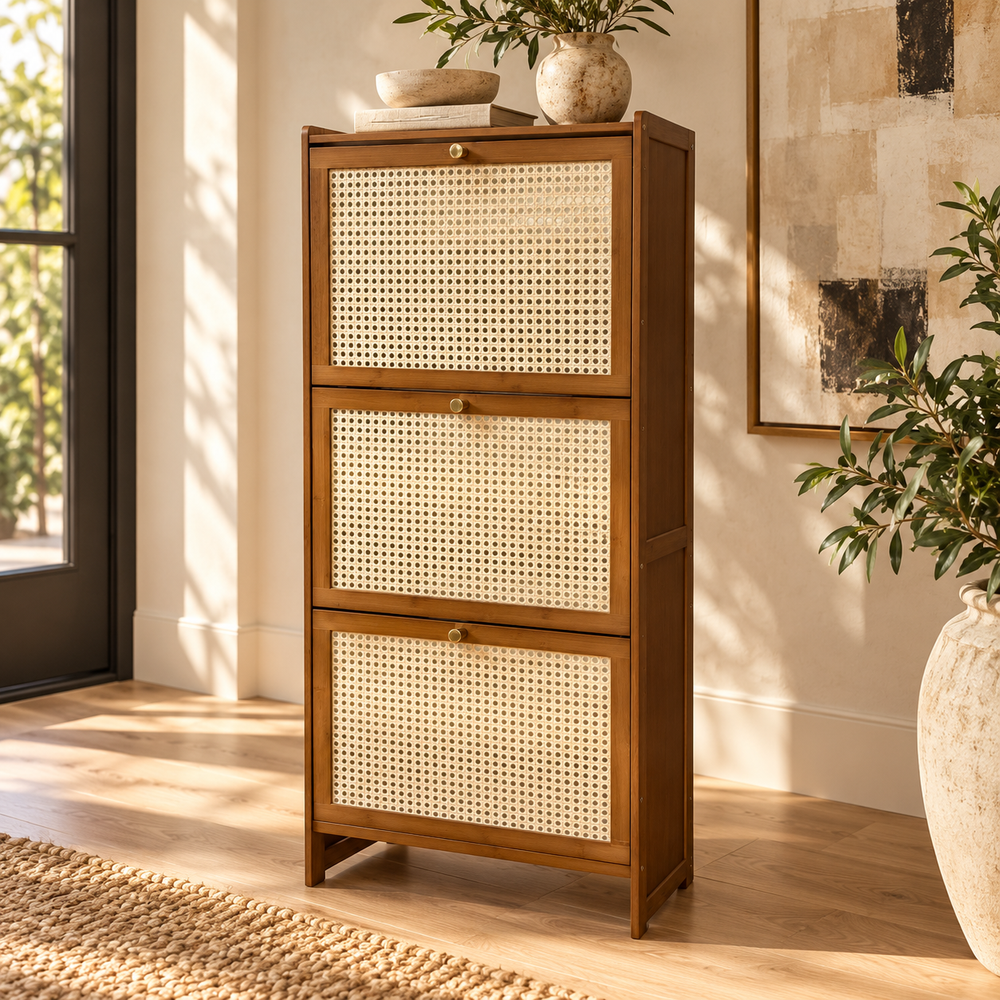 Meuble à chaussures 3 abattants – Structure en bois foncé et façades en cannage rotin