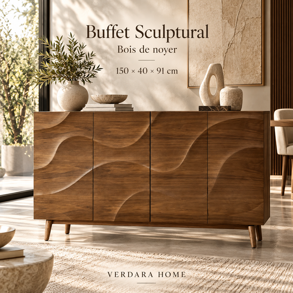 Buffet « Vagues » en bois noyer – 4 portes sculptées à motif ondulé