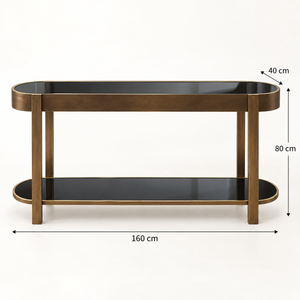 Console « Élysée » ovale en bois et laiton – Plateaux en verre noir, double niveau