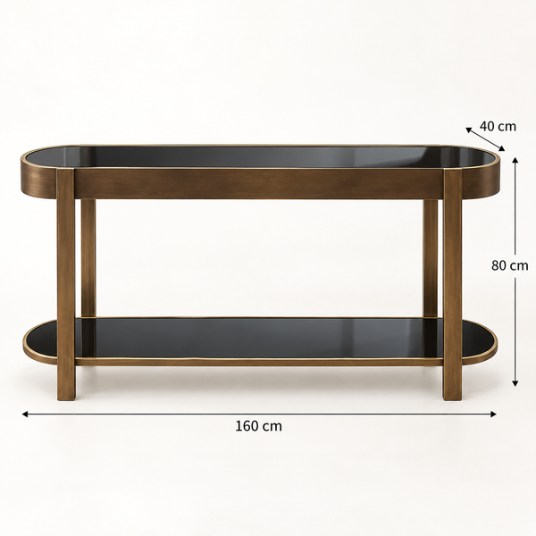 Console « Élysée » ovale en bois et laiton – Plateaux en verre noir, double niveau