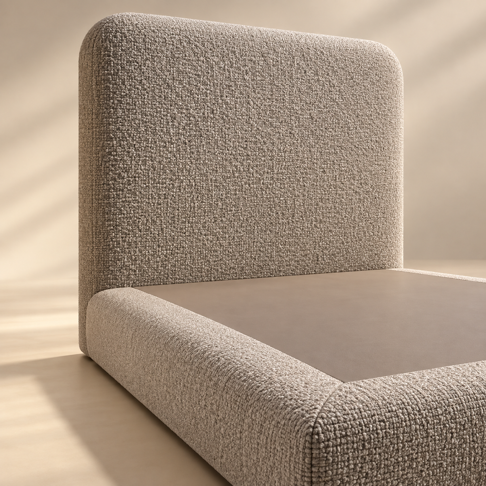 Lit Simple 1 Place Taupe en Tissu Bouclé, Tête de Lit Haute aux Angles Arrondis