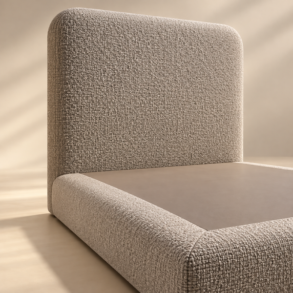 Lit Simple 1 Place Taupe en Tissu Bouclé, Tête de Lit Haute aux Angles Arrondis