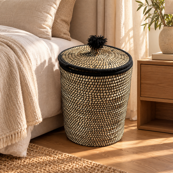 Panier de rangement avec couvercle et pompon noir, fibres naturelles et fil noir, style berbère