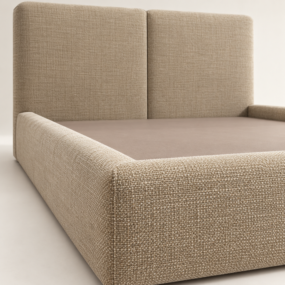 Lit Plateforme Beige Sable en Tissu Texturé, Tête de Lit Haute à Deux Panneaux