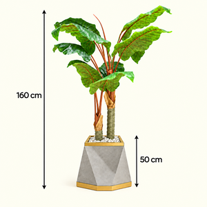 Plante Artificielle Tropicale à Double Tronc avec Pot Géométrique Gris Effet Terrazzo et Liserés Dorés