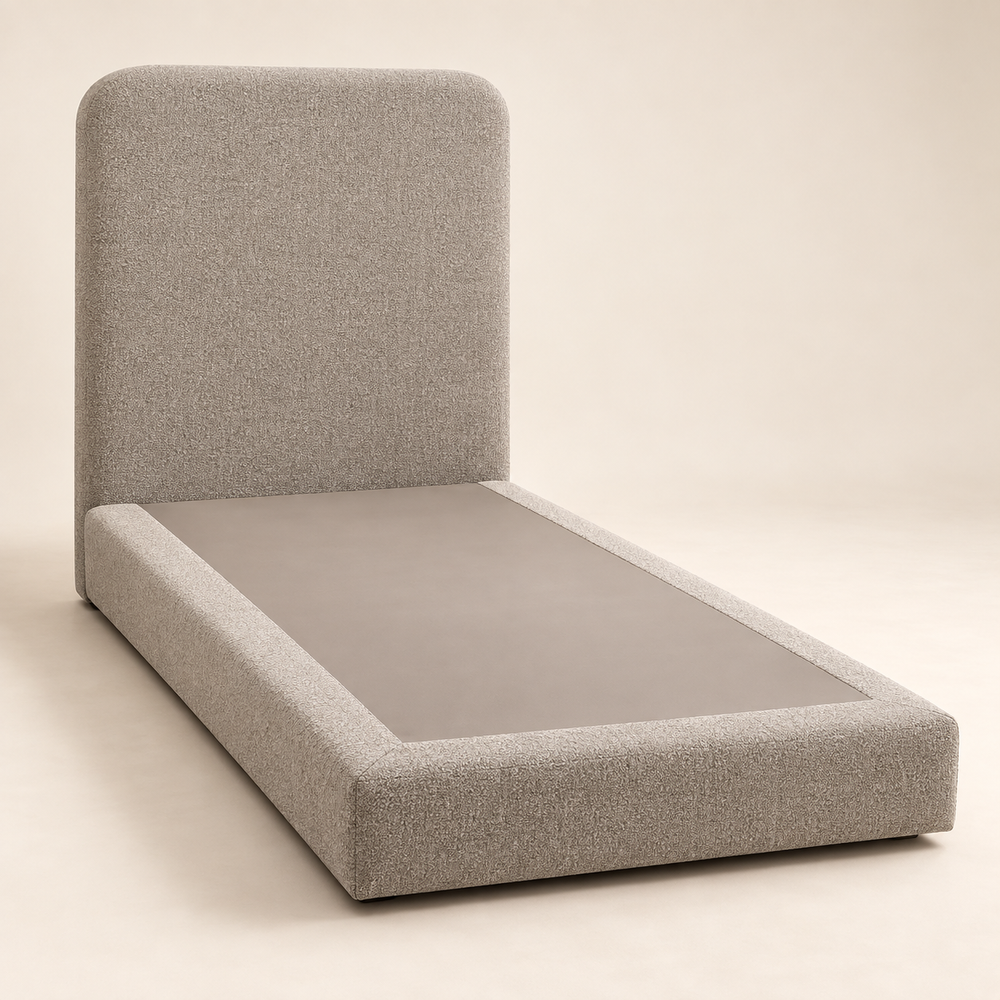 Lit Simple 1 Place Taupe en Tissu Bouclé, Tête de Lit Haute aux Angles Arrondis