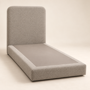 Lit Simple 1 Place Taupe en Tissu Bouclé, Tête de Lit Haute aux Angles Arrondis