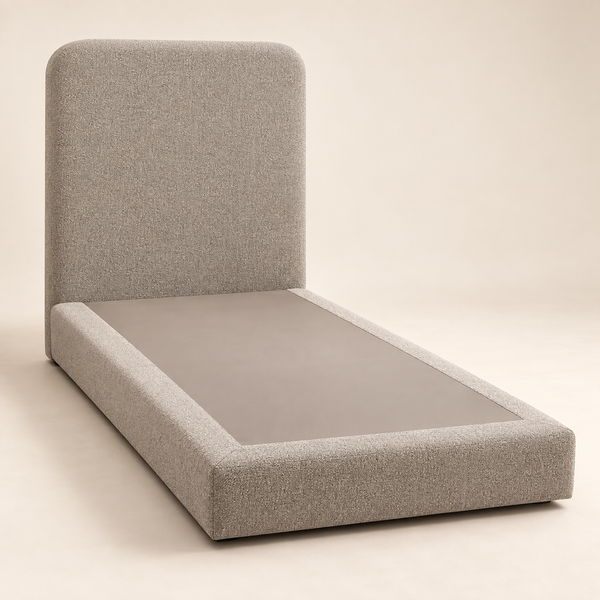 Lit Simple 1 Place Taupe en Tissu Bouclé, Tête de Lit Haute aux Angles Arrondis