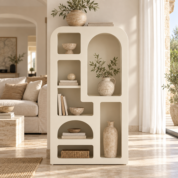 Bibliothèque sculpturale à niches – Étagère design blanc crème aux formes arrondies et arches