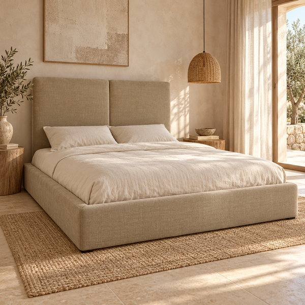 Lit Plateforme Beige Sable en Tissu Texturé, Tête de Lit Haute à Deux Panneaux