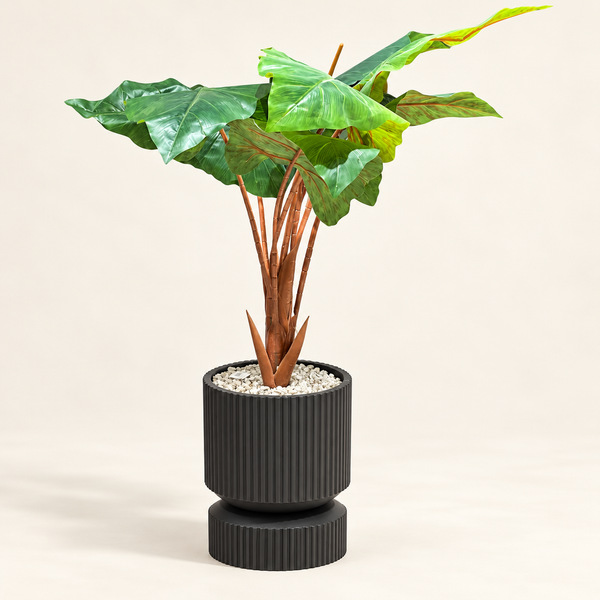 Plante Artificielle Alocasia à Grandes Feuilles avec Pot Noir Strié sur Pied