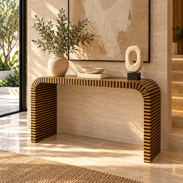 Console « Zébrure » en bois à rayures noir et naturel – Forme cascade