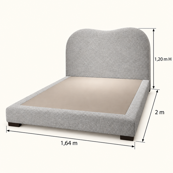 Lit Plateforme Gris Chiné en Tissu Bouclé, Tête de Lit Courbe Ondulée