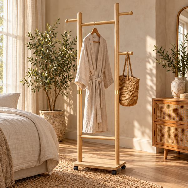 Portant mobile « Sahara » sur roulettes – Bois clair et bague en laiton doré