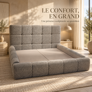 Lit Plateforme Gris Chiné en Tissu Bouclé, Tête de Lit et Cadre Matelassés en Carreaux