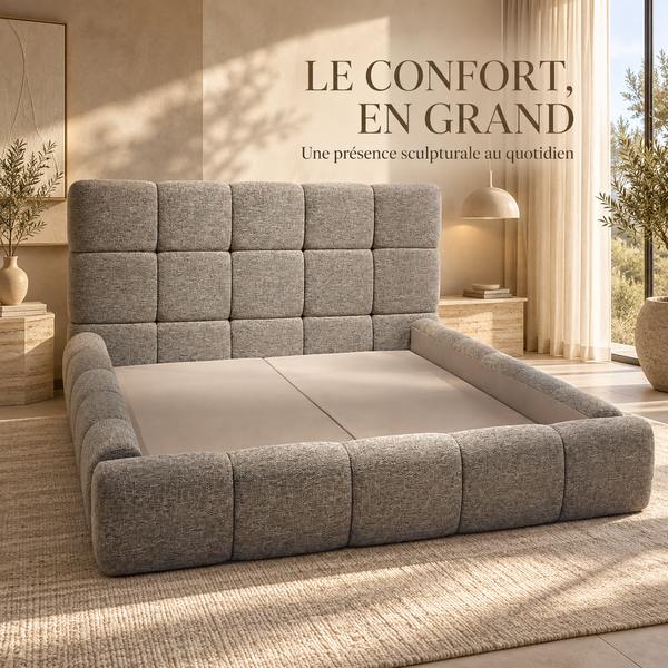 Lit Plateforme Gris Chiné en Tissu Bouclé, Tête de Lit et Cadre Matelassés en Carreaux