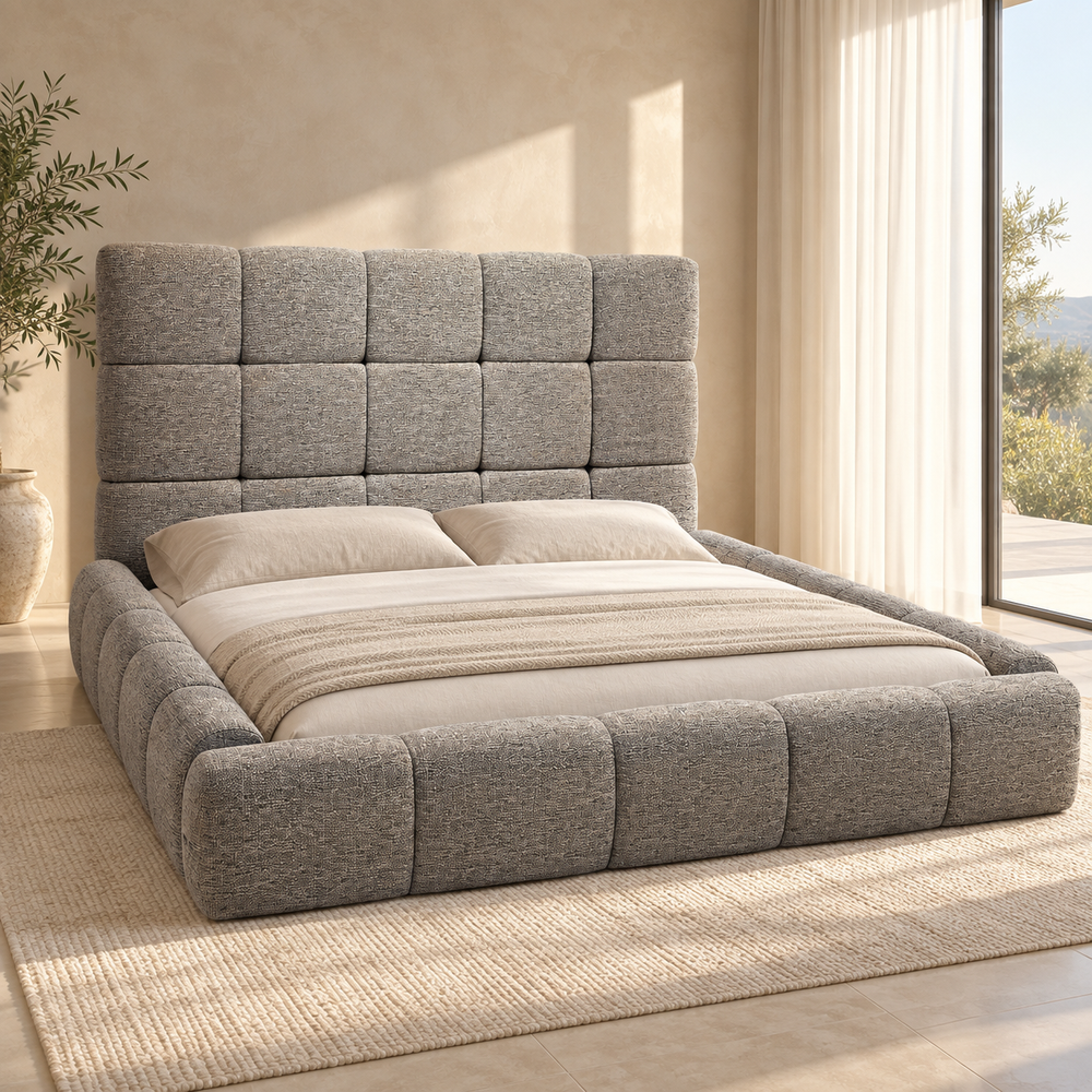 Lit Plateforme Gris Chiné en Tissu Bouclé, Tête de Lit et Cadre Matelassés en Carreaux