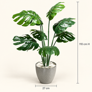 Monstera Deliciosa Artificiel avec Pot Gris Effet Pierre Évasé