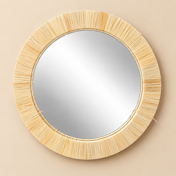 Miroir mural rond en fibres naturelles – Cadre en paille tressée main, style bohème