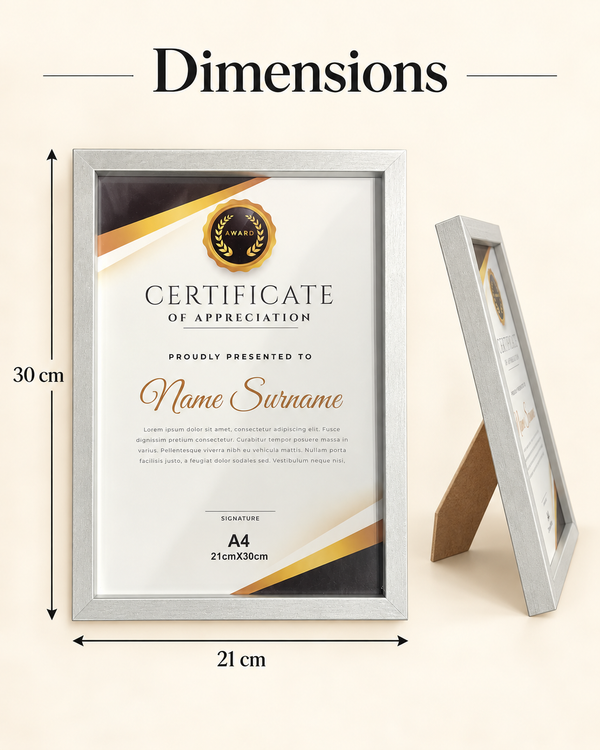 Cadre Certificat A4 Argenté – 21 × 30 cm