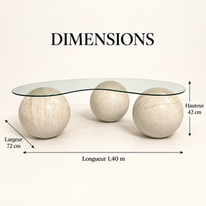 Table basse Sphères : plateau en verre et pieds en travertin