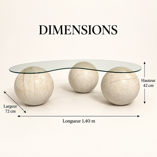Table basse Sphères : plateau en verre et pieds en travertin